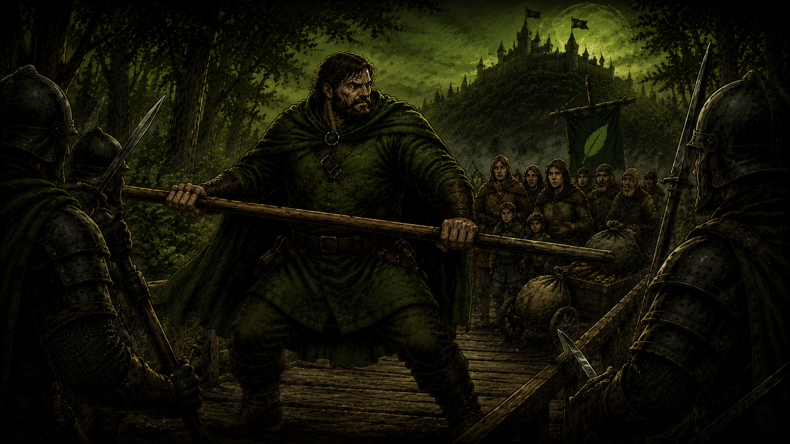 Robin Hood and Little John standing against the sheriff's guard on the bridge